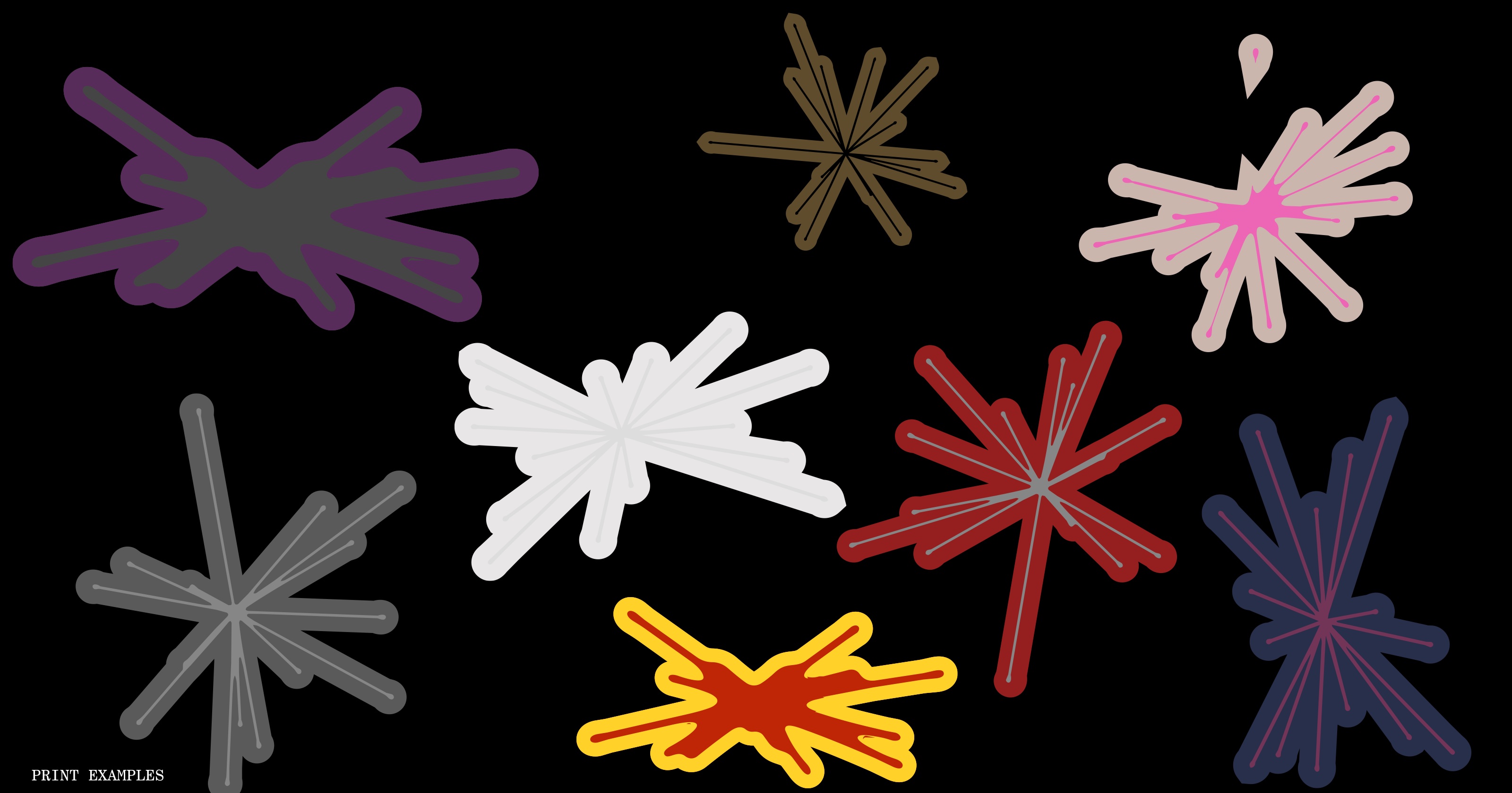 Eight constellation burst stickers in brand color pairs on black