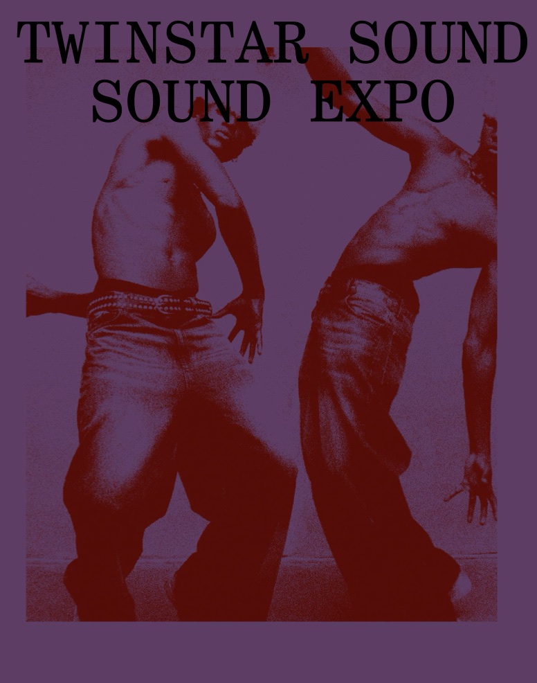 Twinstar Sound Sound Expo poster: two dancers in wide denim, duotone oxblood on plum