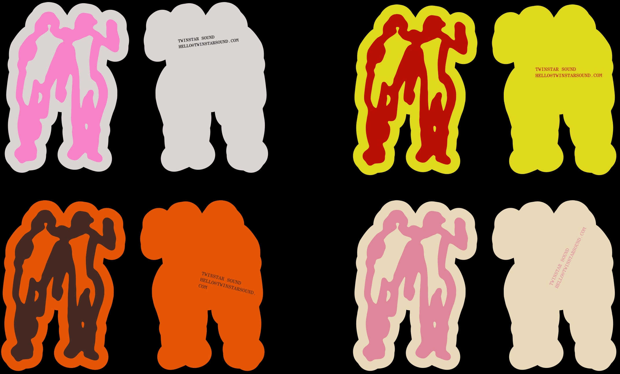 Four die-cut logotype stickers, front and back, in pink on grey, red on yellow, brown on orange and pink on cream